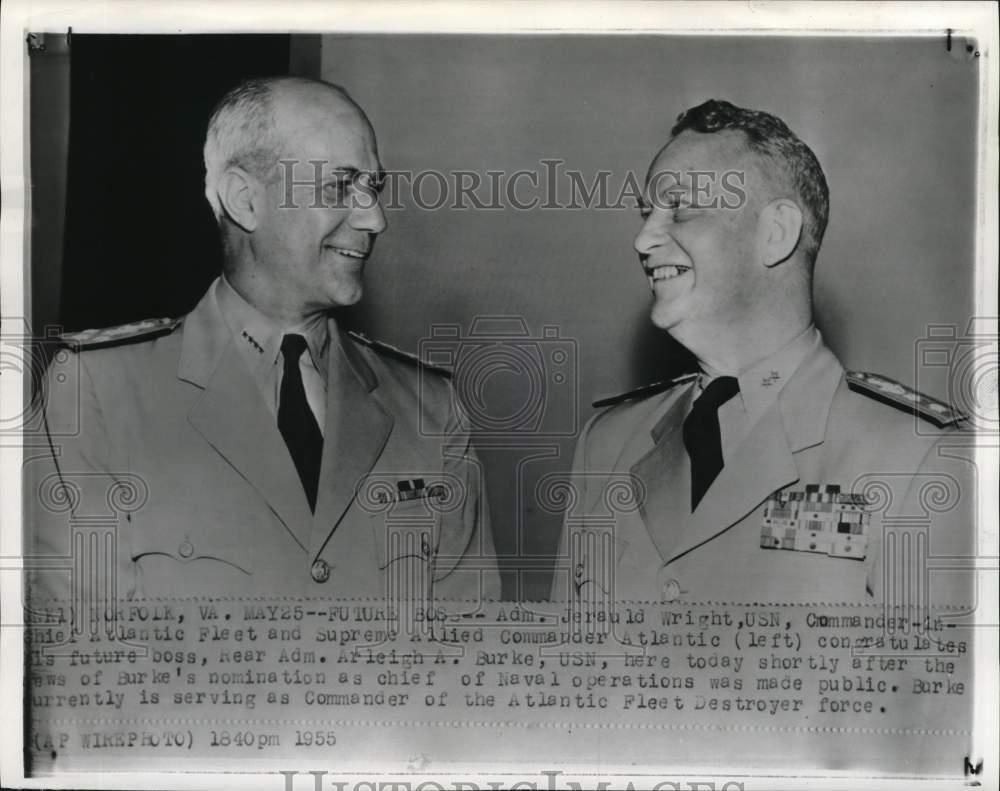 1955 Press Photo Jerauld Wright & new boss Admiral Arleigh Burke in Norfolk, VA