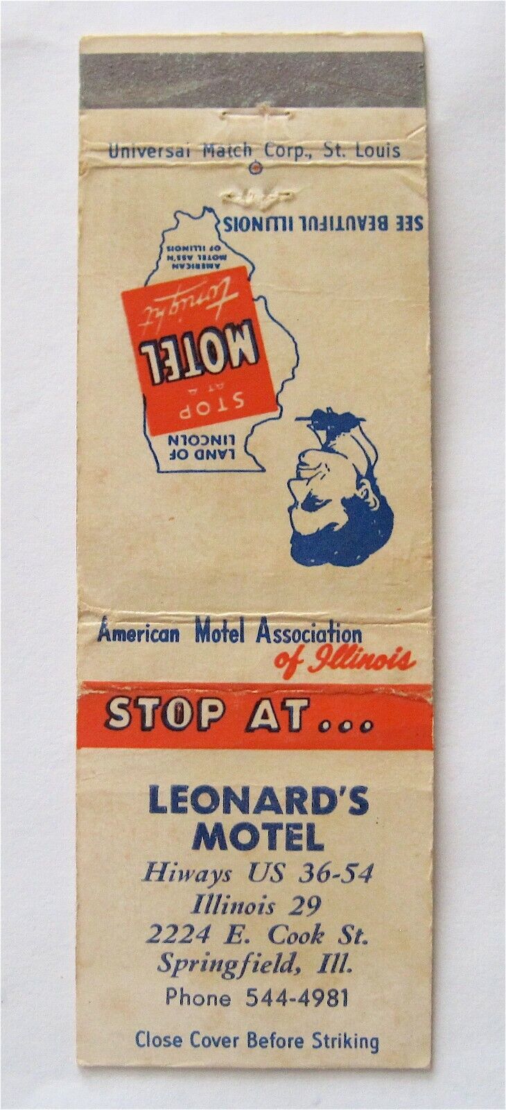 STOP AT LEONARD\'S MOTEL LAND OF LINCOLN, SPRINGFIELD, IL VINTAGE MATCHBOOK COVER
