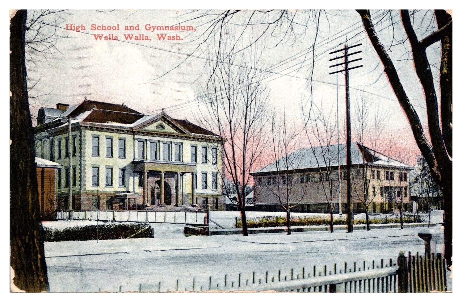 Walla Walla Washington High School & Gymnasium Winter Snow Posted 1909  Postcard