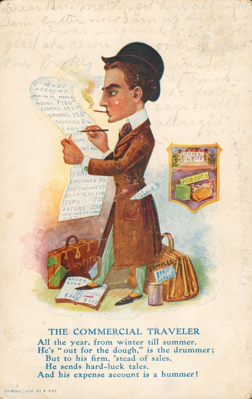 The Commercial Traveler Postcard~Antique~Traveling Salesman Doing Expenses~c1905