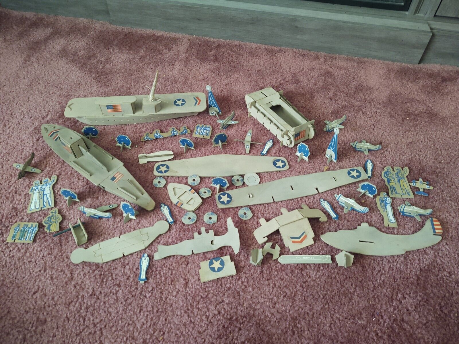 Vintage Military Cardboard Ships Planes Figures Sailors Towers Toy Collectors 