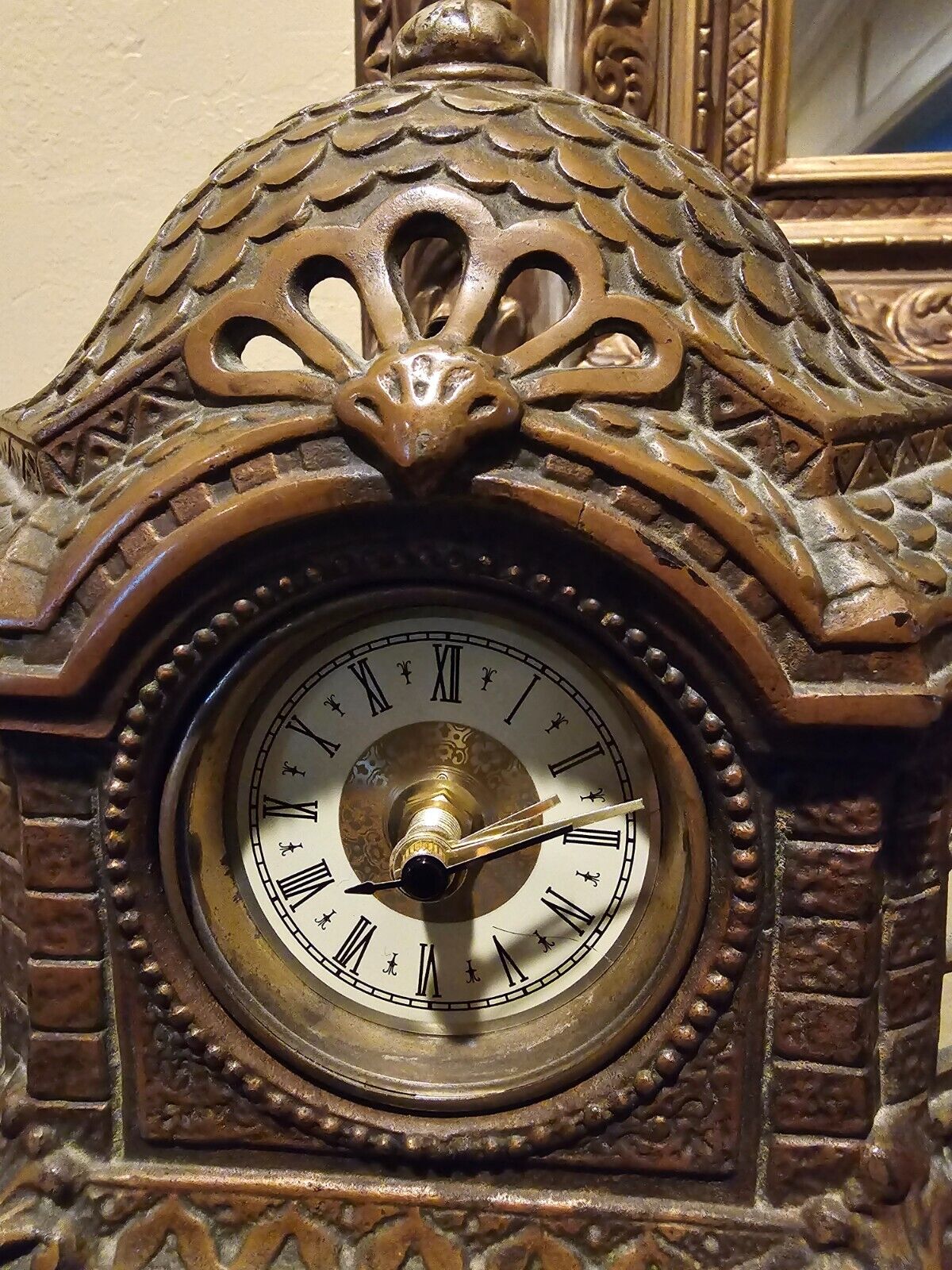 Antique Cast Iron Gilt 1885 Architectural Figural Building Mantle Clock 