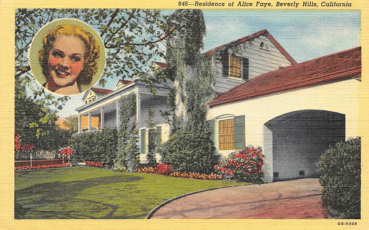 Residence of Alice Faye, Beverly Hills, CA Movie Star Home c1940s Postcard