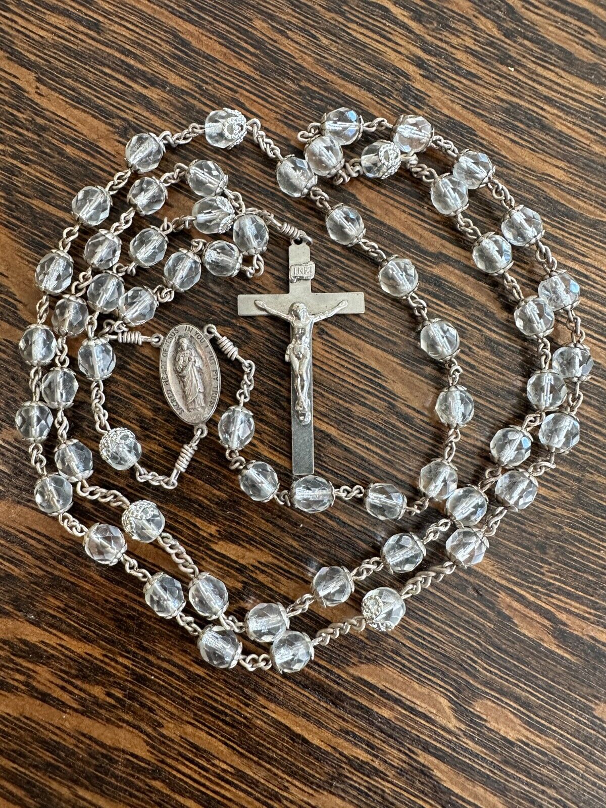 Antique 24” Glass Beaded Catholic Rosary with Silver Cross Vintage