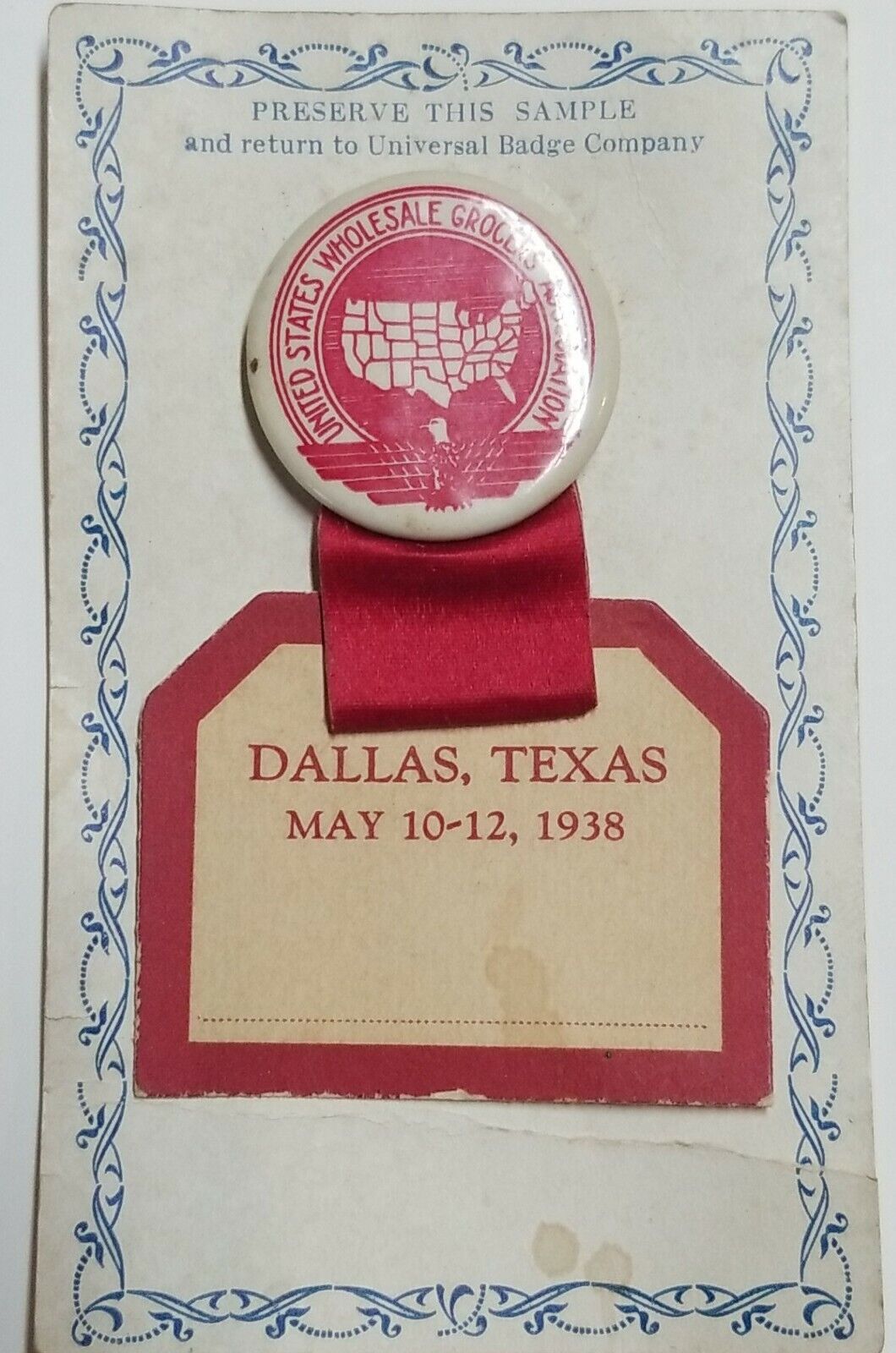 Dallas Grocers Association Pin TX Vintage Universal Badge Co USWGA💥 May 1938