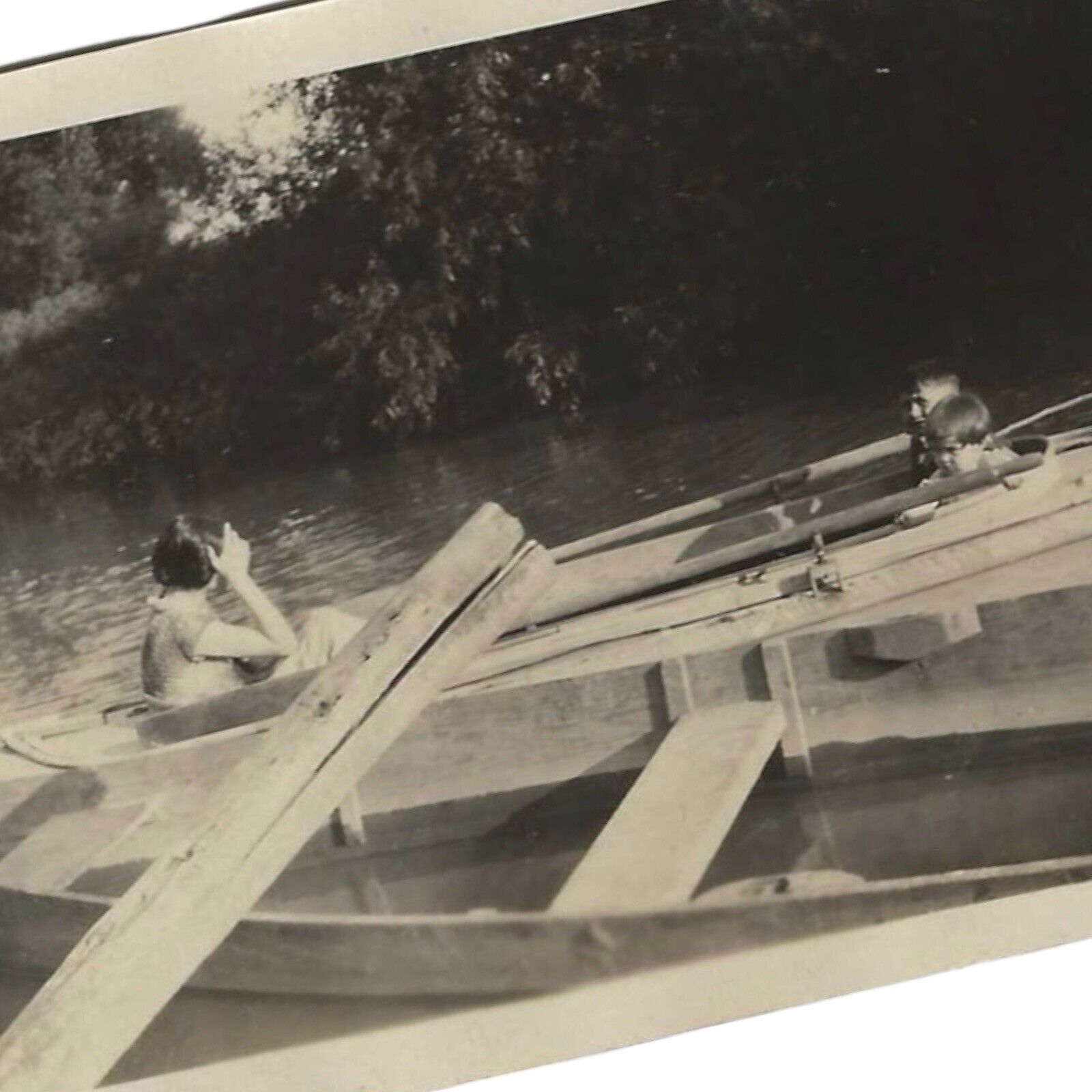 Vintage Snapshot Photo Faceless Woman Covering Face In Boat Fourth Of July 1925