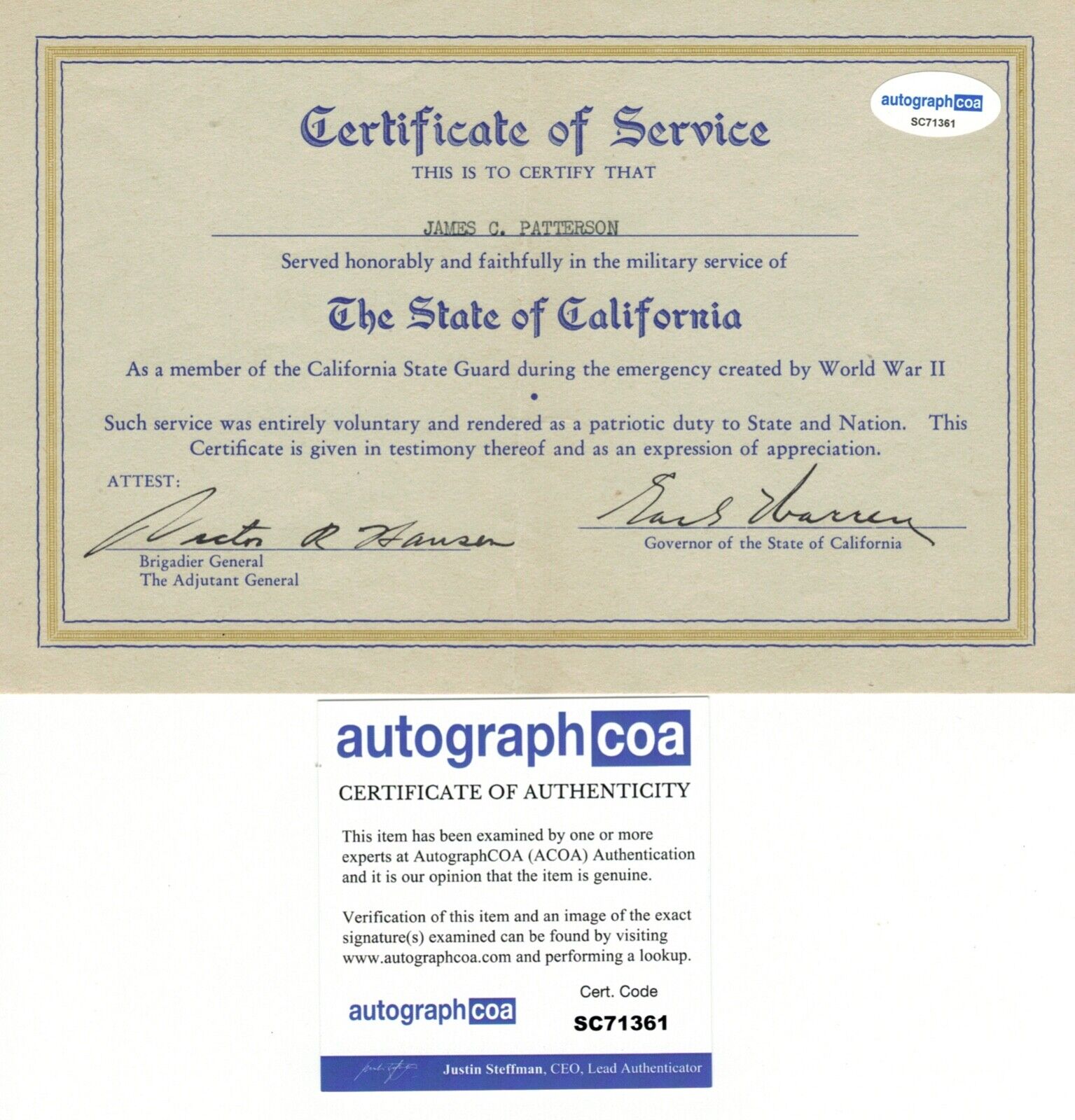 RARE Earl Warren CA Governor Signed Vintage Certificate of Service Autograph COA