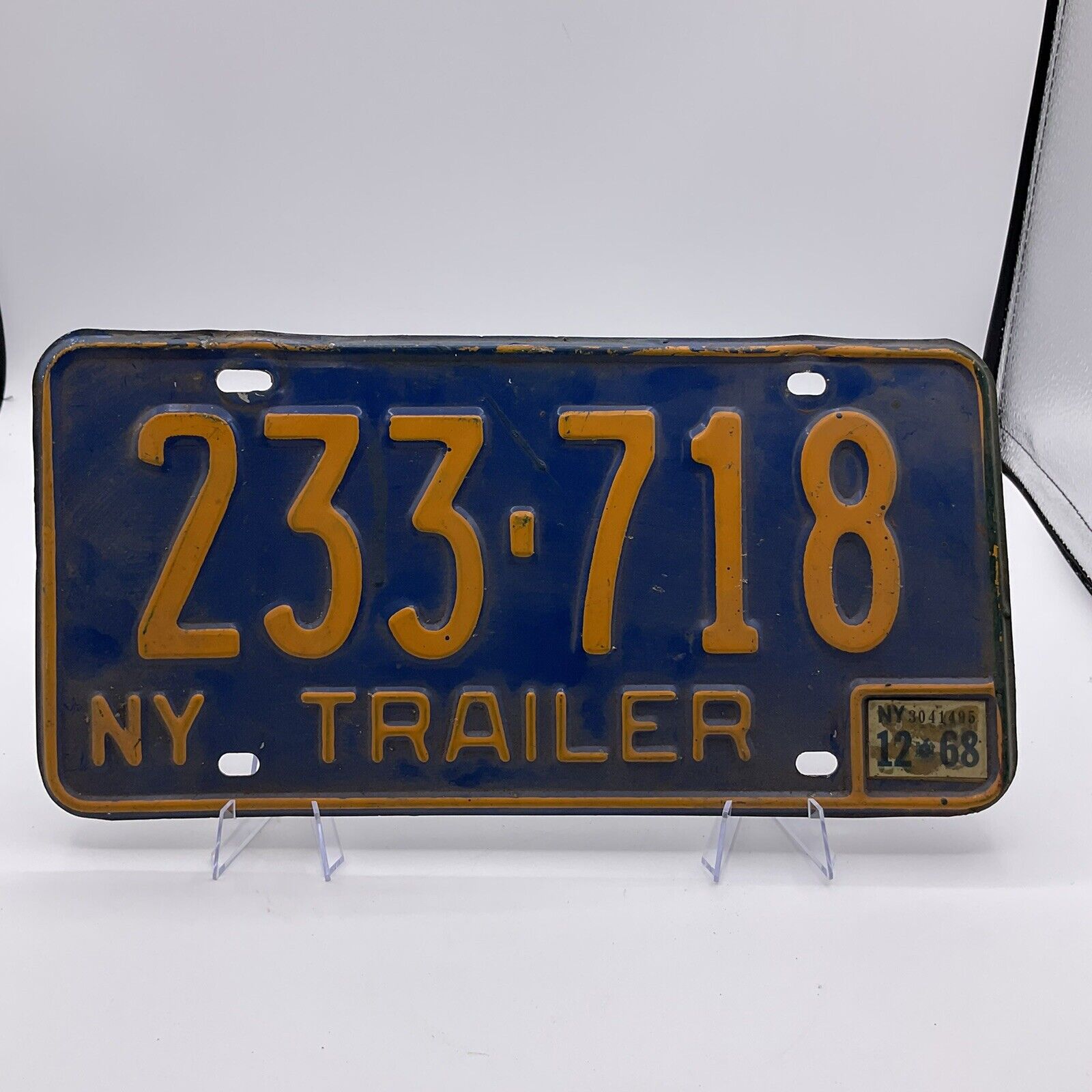 Vintage 1968 New York State Trailer License Plate NY 233-718