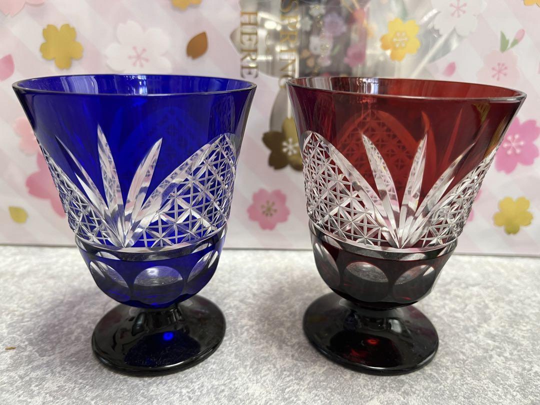 Glass Kiriko Engraved on the glass #220 Blue Red Glass Glass Kiriko Engraved on