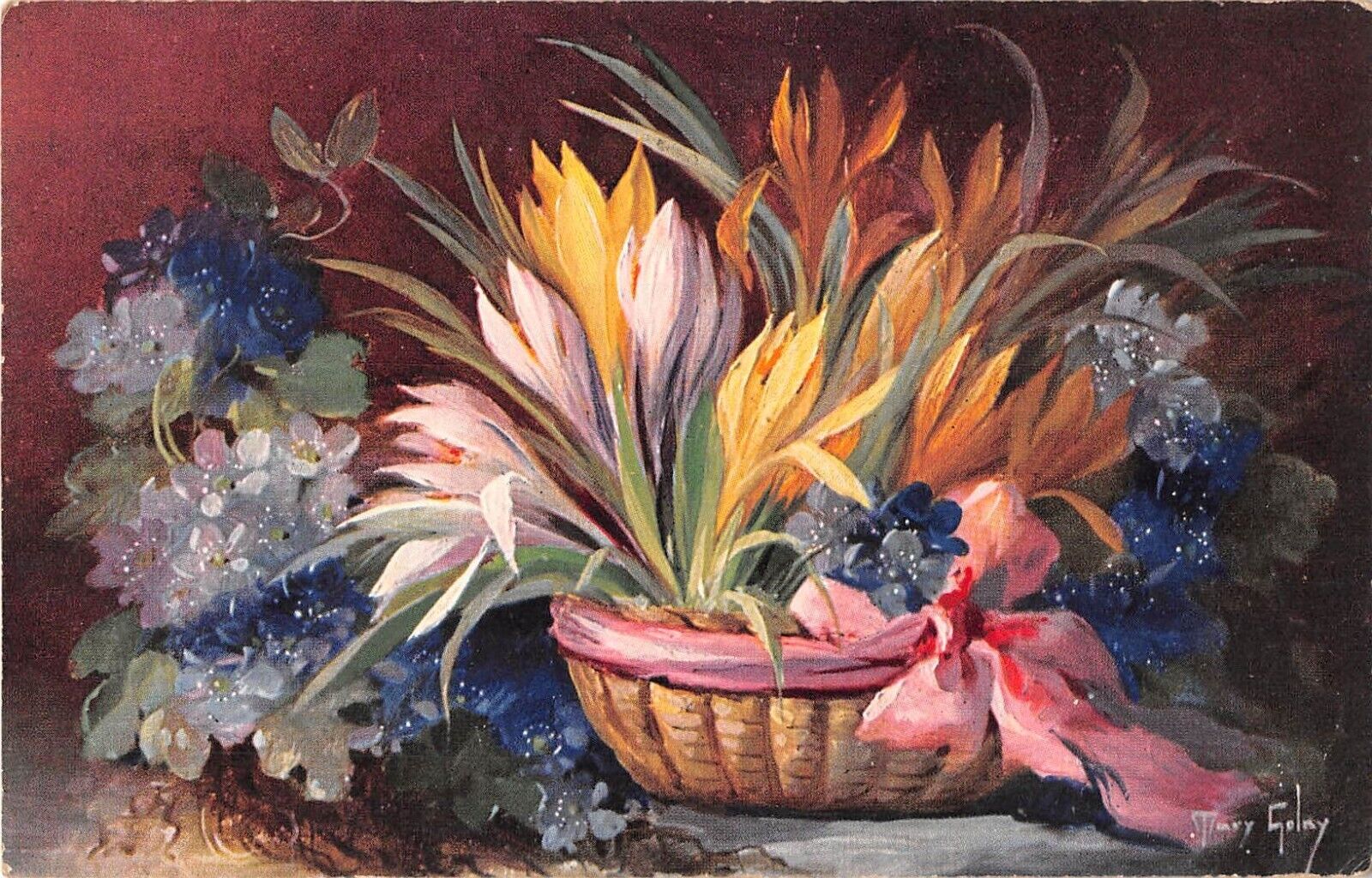 Colorful Crocus & Other Flowers in a Planter-Old PC Signed Artist Mary Golay