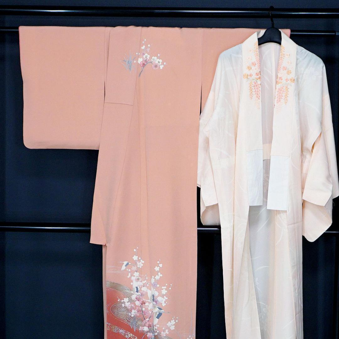 Japanese Cherry Blossom Plum And Crane Pure Silk Visiting Wear Long Jacket Set 1