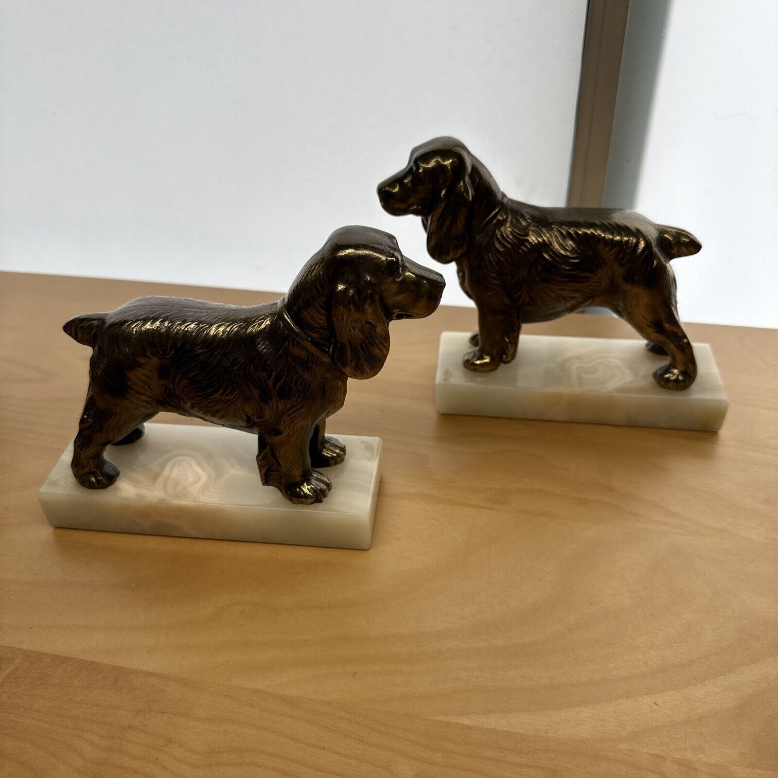 Vtg SET (2) MCM Cocker Spaniel Polished Brass Dog Bookends Onyx Base Figurine VG