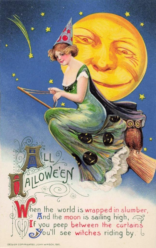 1911 WINSCH Halloween Postcard SCHMUCKER BEAUTIFUL WITCH FLIES ACROSS FULL MOON
