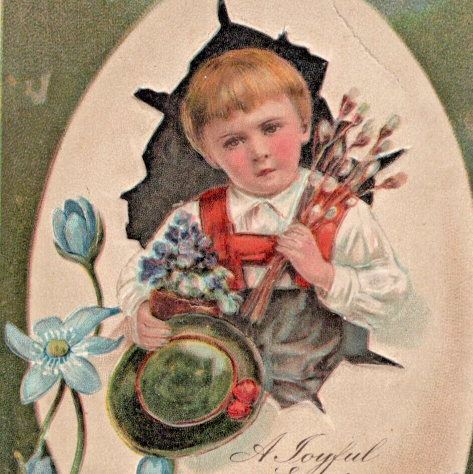 Antique 1908 Joyful Easter Boy Blue Flowers Embossed Postcard