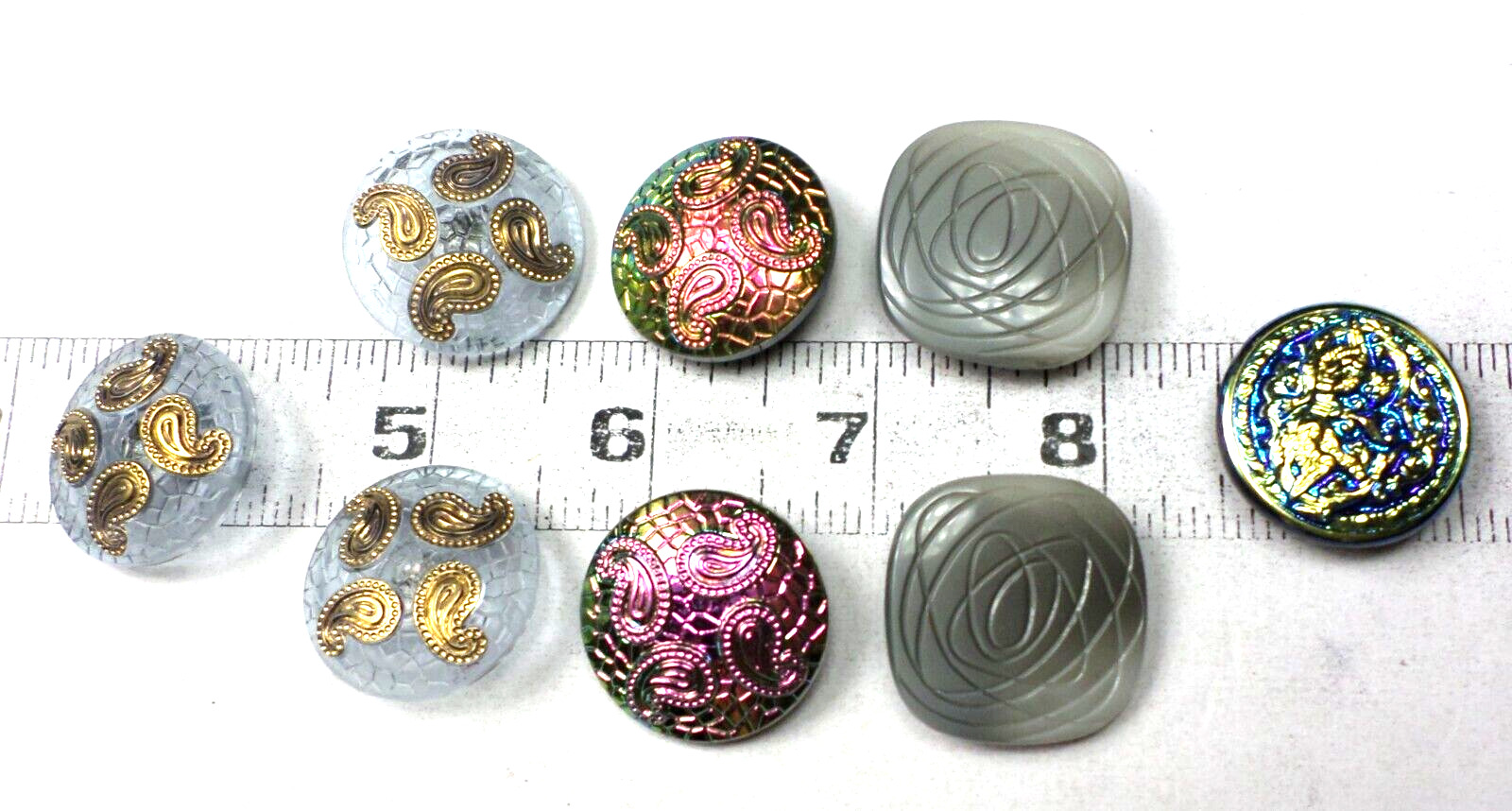8 Large Czech Round &Square Blue Gray AB Paisley Glass Buttons 28mm 1 1/8\