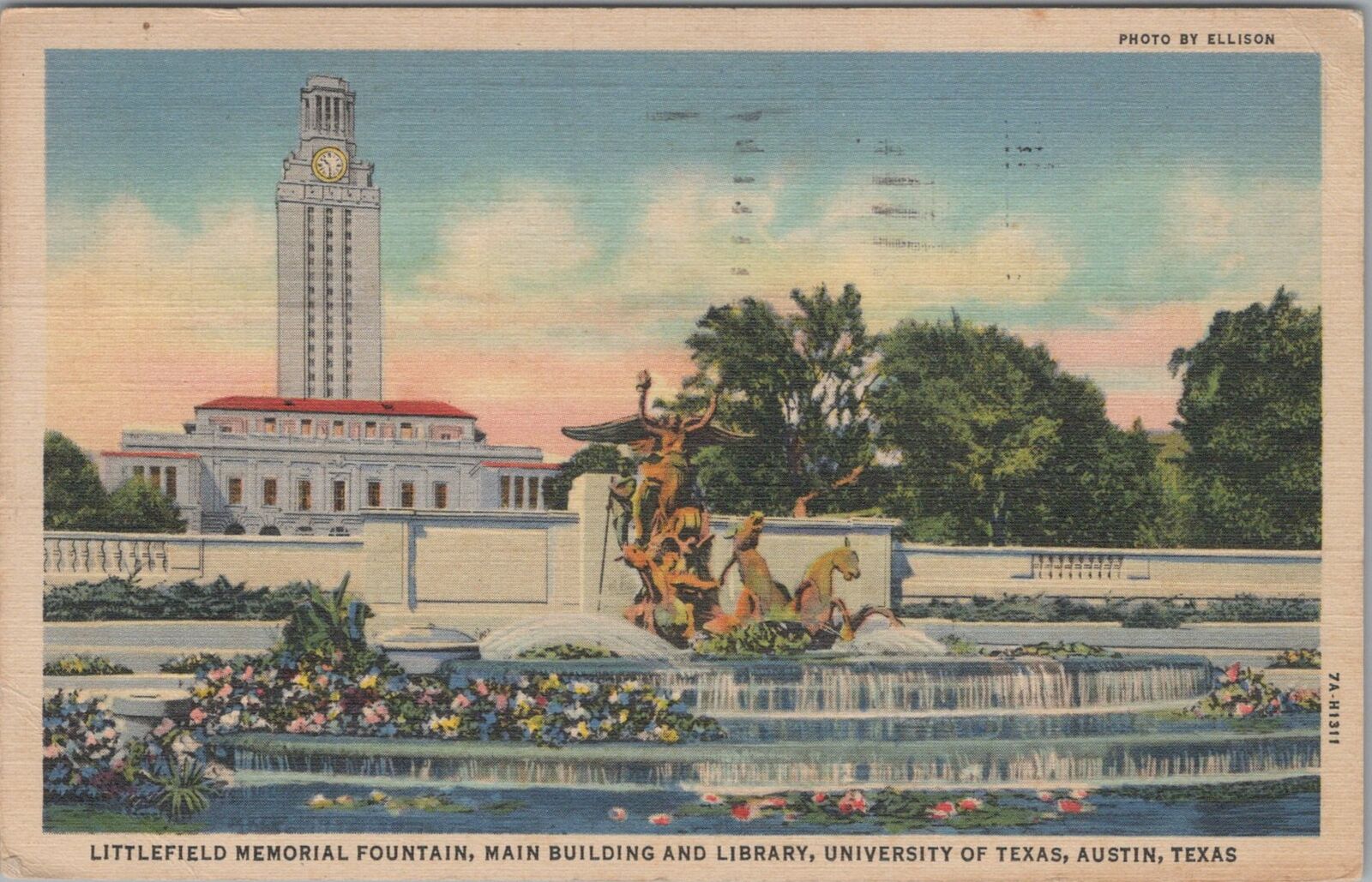 Postcard Littlefield Memorial Fountain + Library University Texas Austin TX 1937
