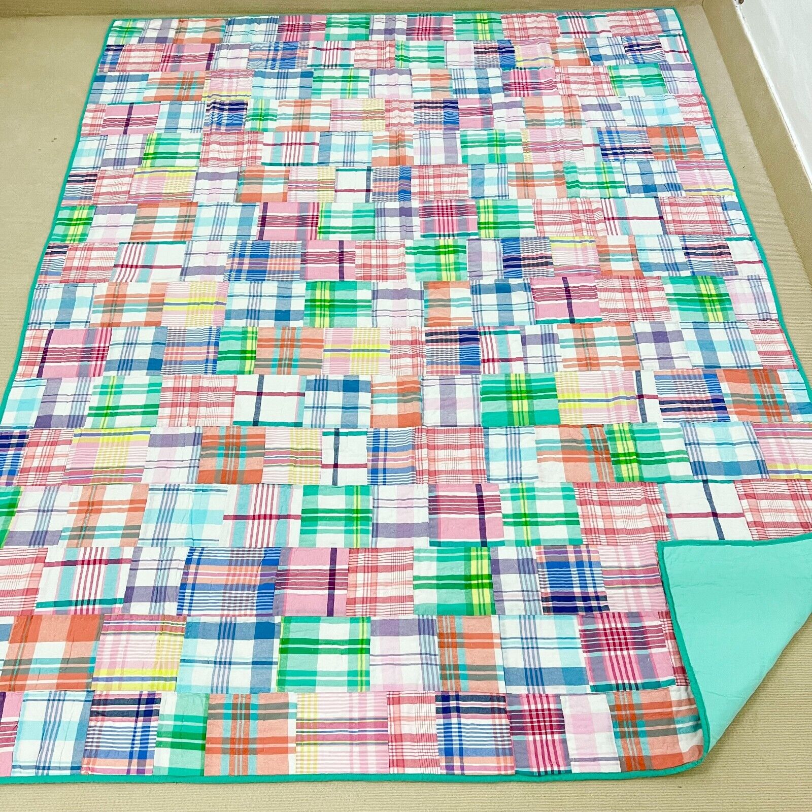 Handmade Madras Pink Plaid Patchwork Hand Stitched Twin Size Cotton QUILT 68x86”