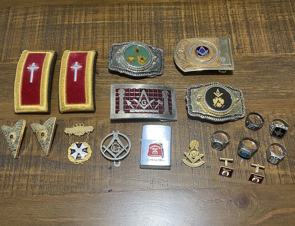 Lot of Vintage Masonic Items Rings Cufflinks Belt Buckles, Clip, Lighter, etc.