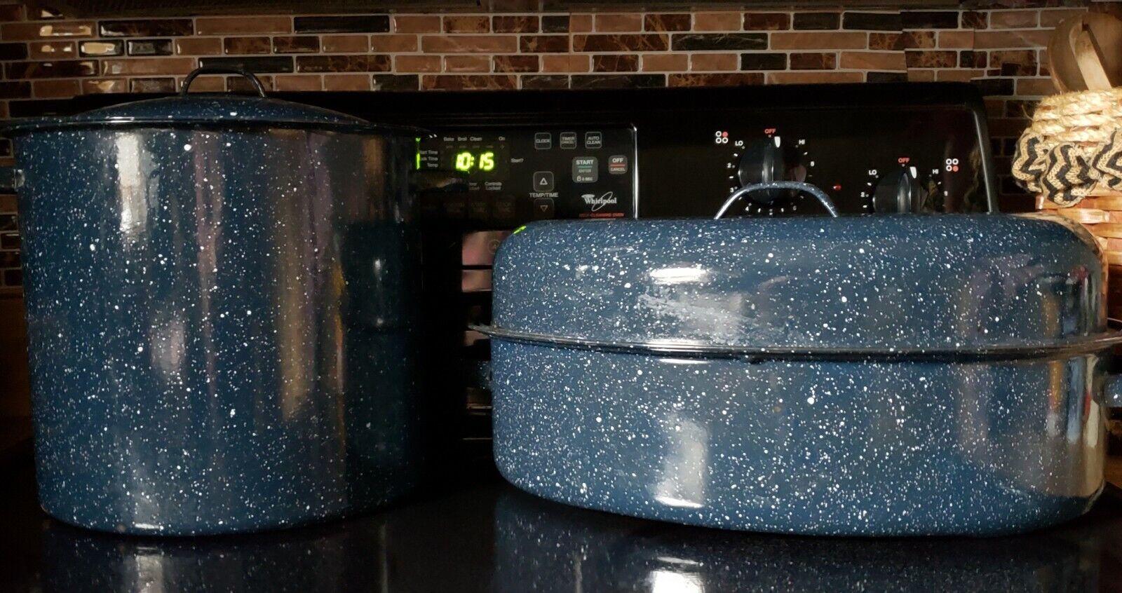 Vintage Graniteware Enamel LOT Crab Pot & Roaster, Navy Blue White Speckle, USA