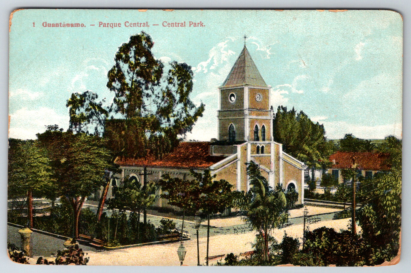 c1910s Guantanamo Bay Parque Central Park Church Antique Postcard