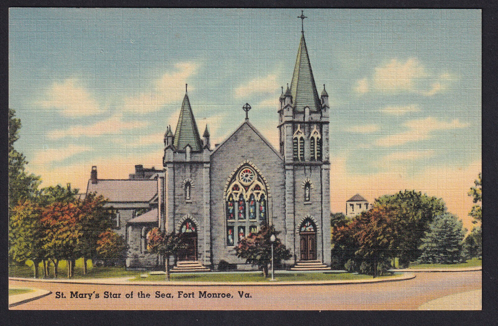 Virginia-VA-Fort Monroe-Hampton-St Mary\'s Star of the Sea Church-Linen Postcard