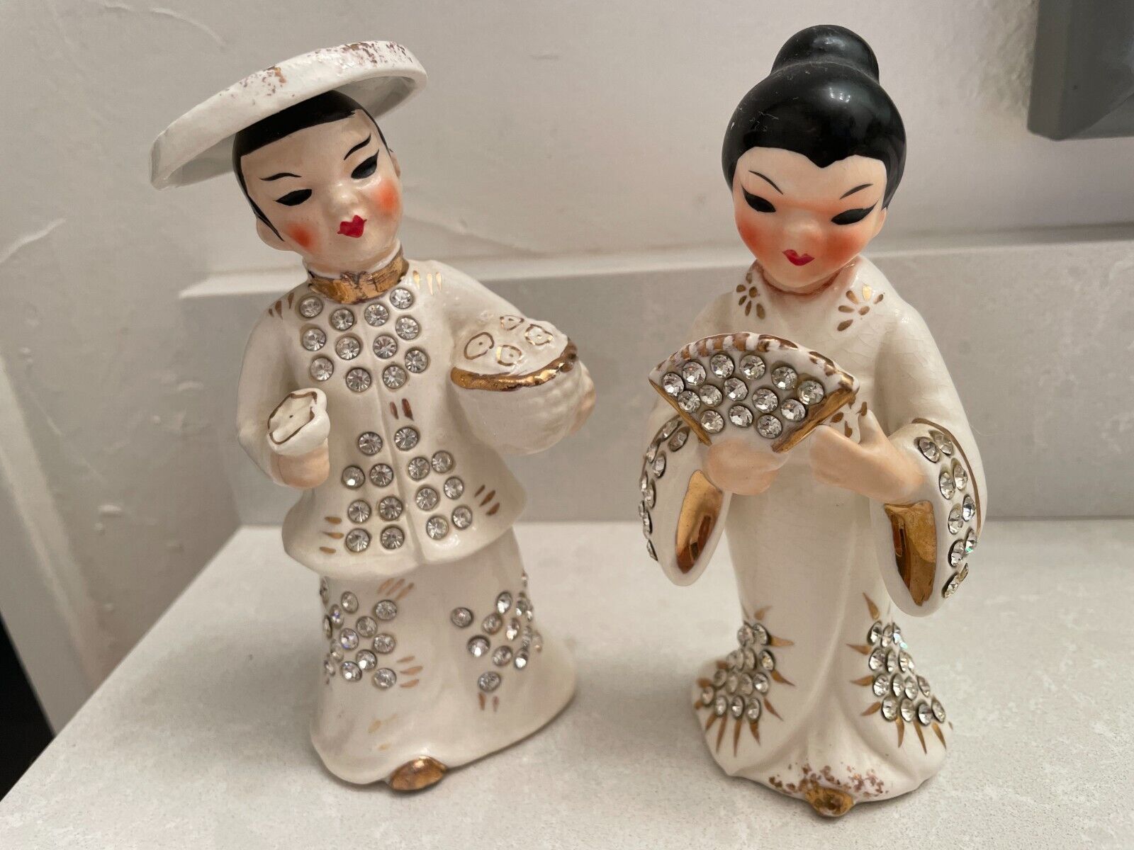 Vintage Lefton  Asian, Chinese, Japan Rhinestone Figurine SET
