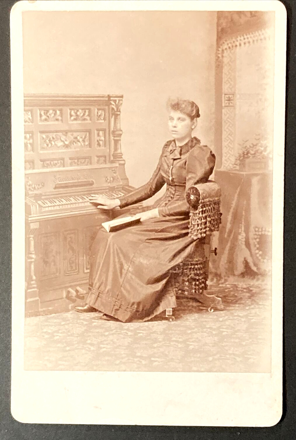 Antique Cabinet Card Lovely Lady Holding Book Fancy Chair Steinway Piano