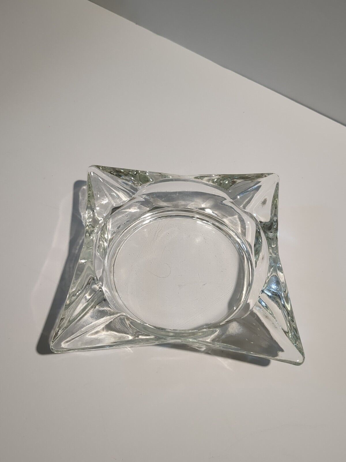 Vintage Large Heavy Square Clear Glass Cigar or Cigarette Ash Tray Star Shaped