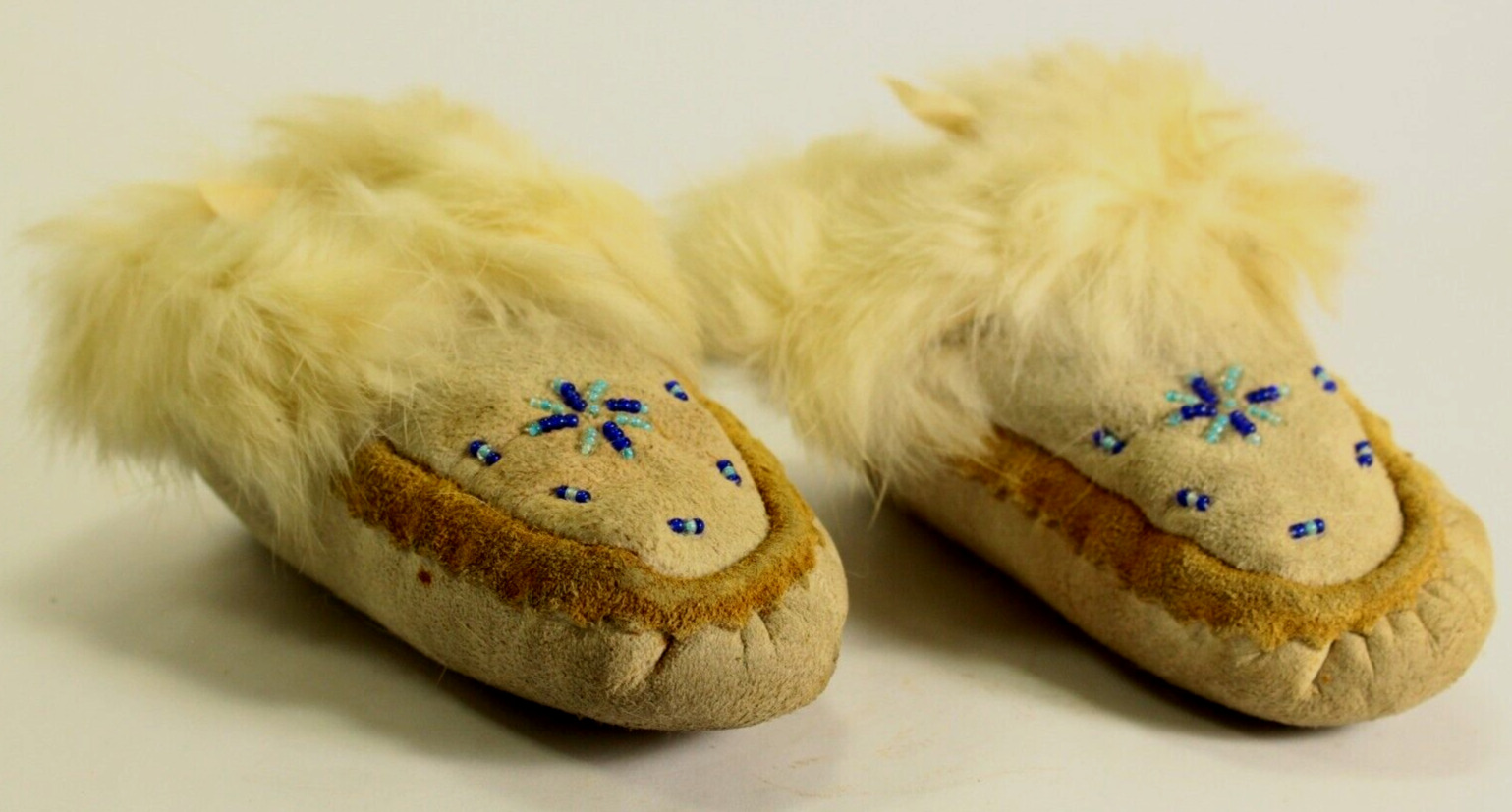 =ea. 1900's Beaded Baby Boots Moccasins Leather & Fur, Made by Plains Indians