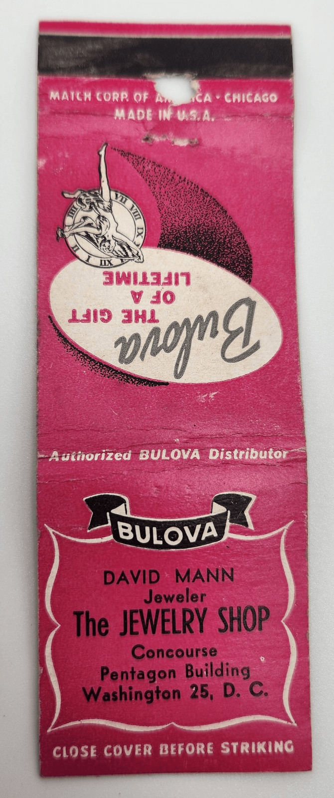 Vintage Matchcover Bulova Watches Jewelry David Mann Pentagon Building Washingto
