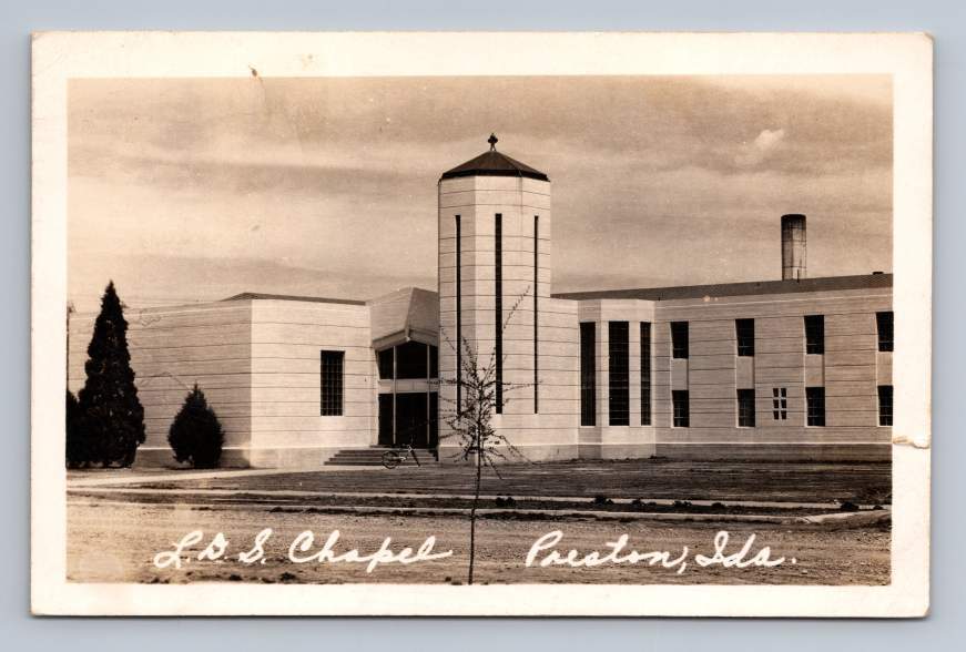 LDS Mormon Chapel PRESTON Idaho RPPC Vintage Franklin County Photo Postcard 1946