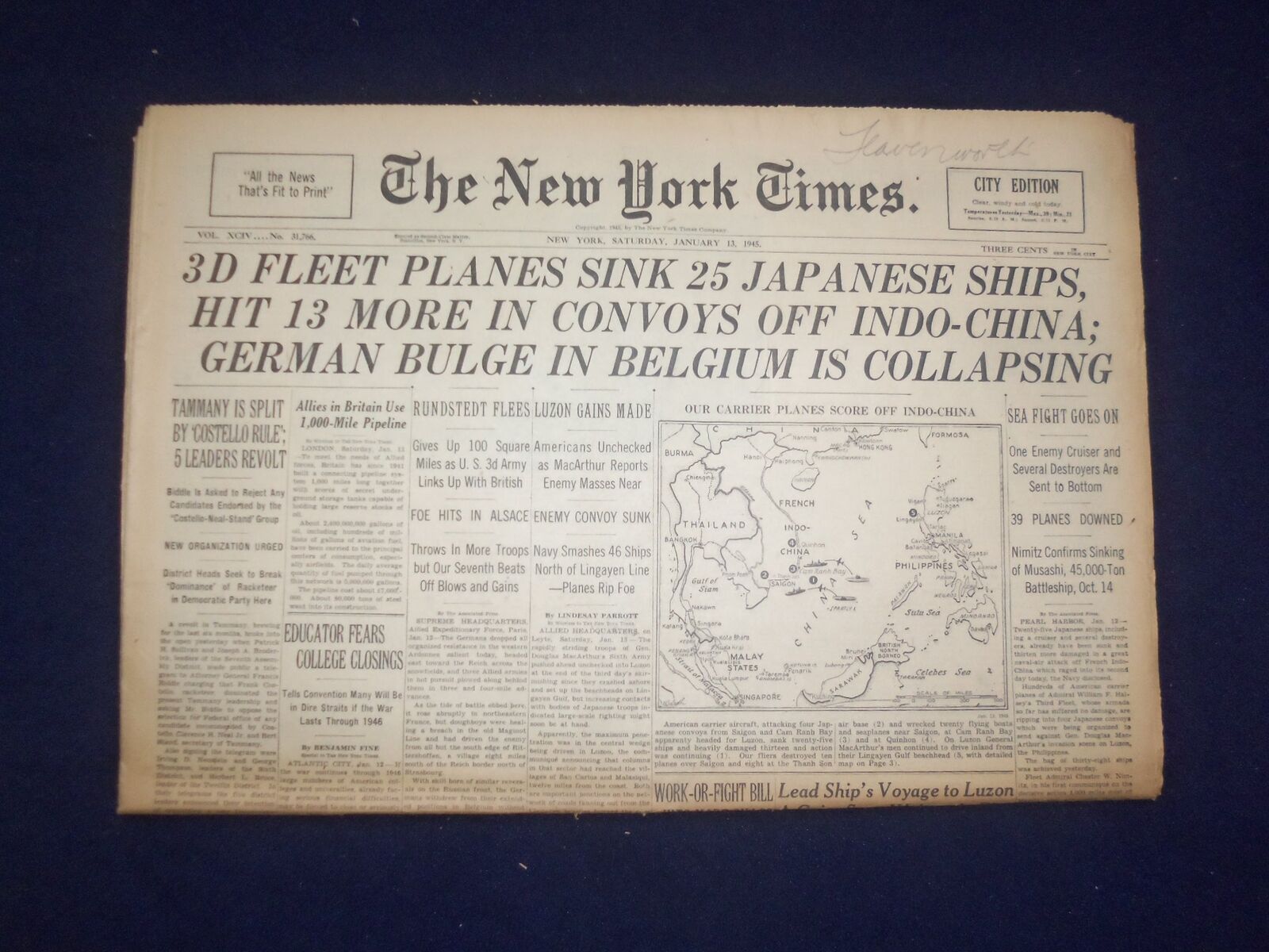 1945 JAN 13 NEW YORK TIMES - 3D FLEET PLANES SINK 25 JAPANESE SHIPS - NP 6651