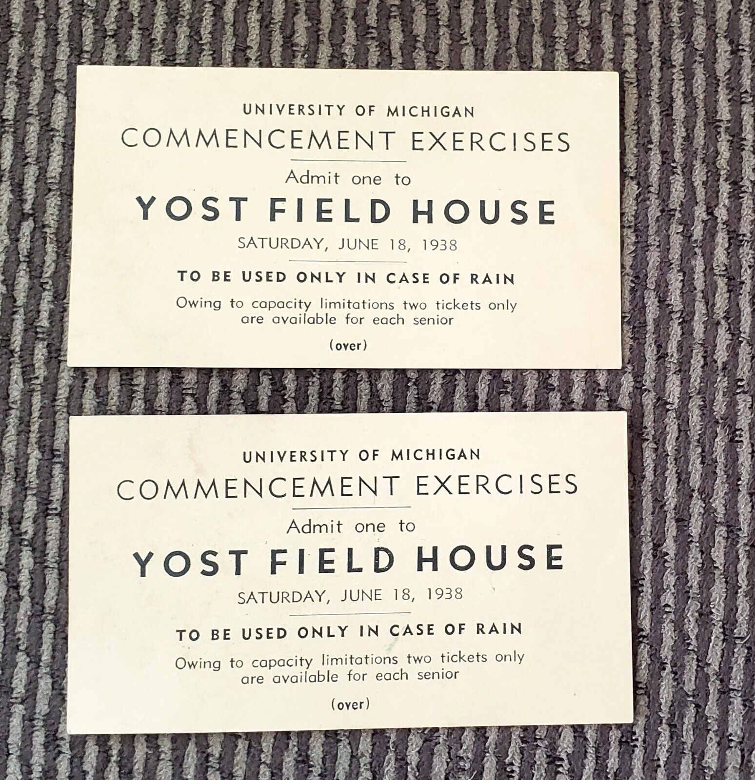 2 - 1938 University of Michigan Commencement Tickets Yost  field House