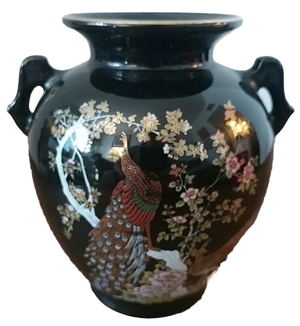 Vintage Porcelain Black Vase Handles Peacocks Gold Floral Accents Japan 6.5
