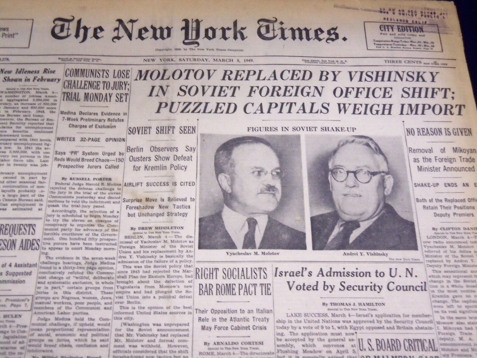 1949 MARCH 5 NEW YORK TIMES - MOLOTOV REPLACED BY VISHINSKY - NT 3217
