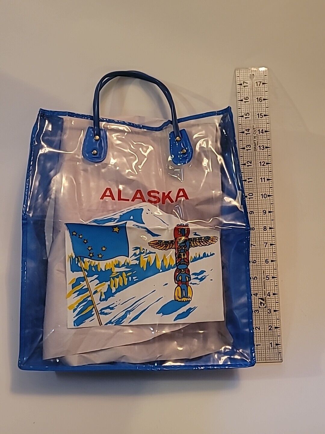 Vintage Alaskan Souvenir Vinyl Bag Alaska Totem Pole Glacier Clear w/Blue Trim
