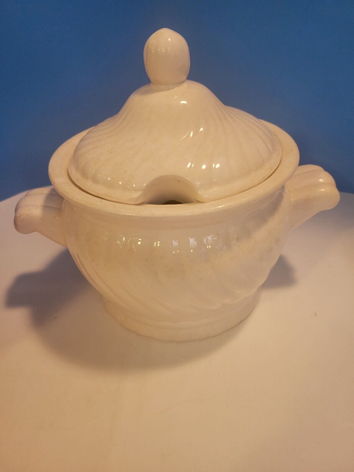 Small White  Ribbed Soup Tureen With Ladle