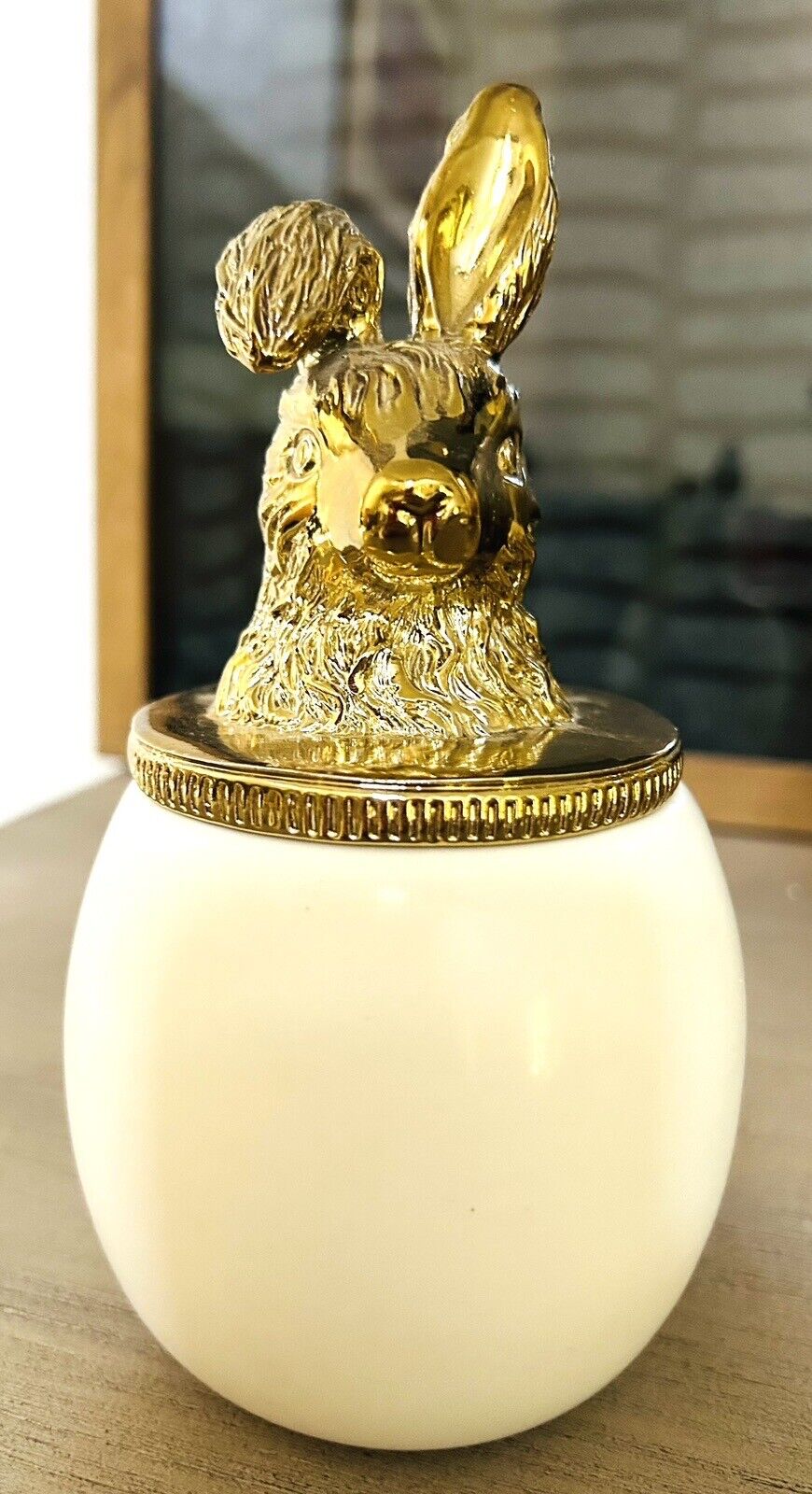 Anthropologie Round Bunny Rabbit Jar Canister Storage Gold White Whimsical