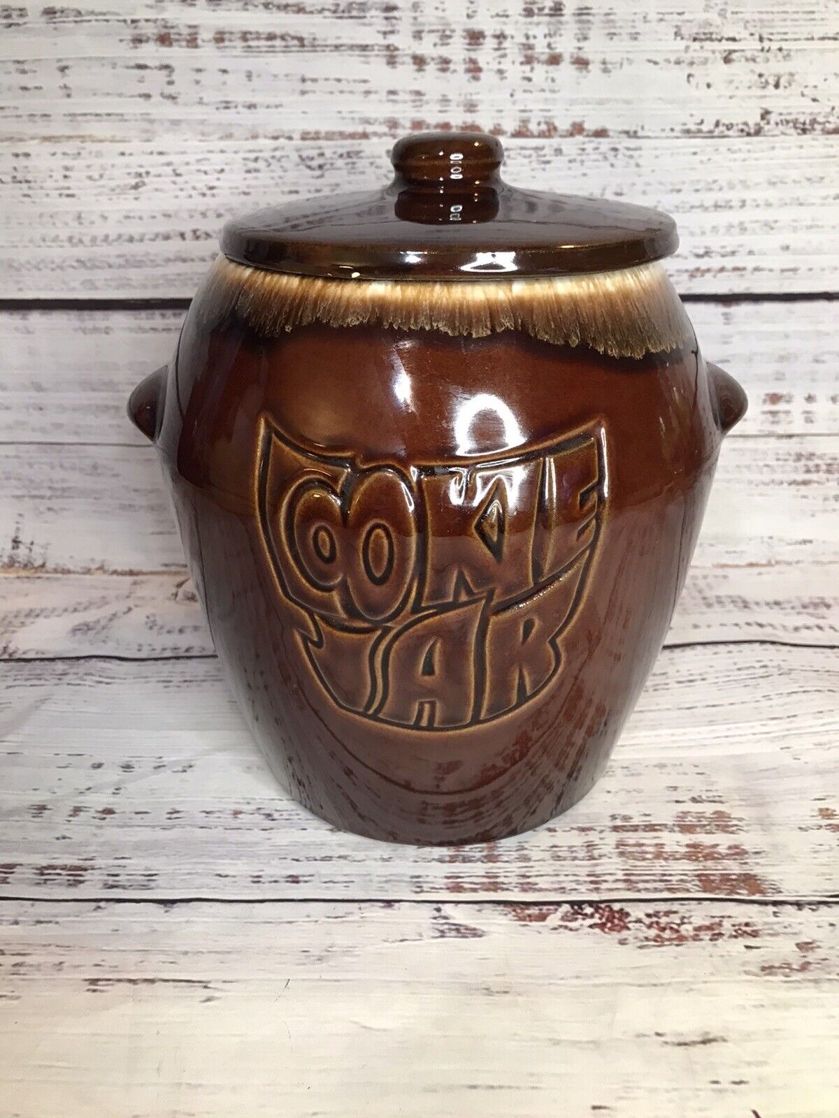 Vintage 60\'s/70\'s McCoy Style 7024 USA Cookie Jar Brown Drip Glaze Lid Ceramic