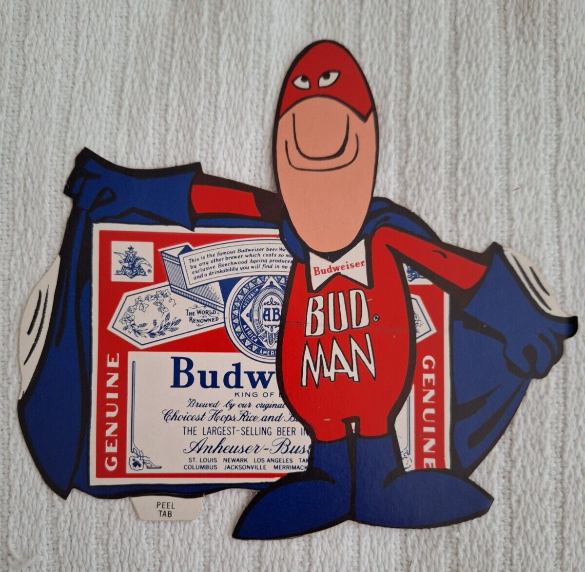 Vintage BUD MAN Big Cape Sign  BUDWEISER Sticker 1970's NEW