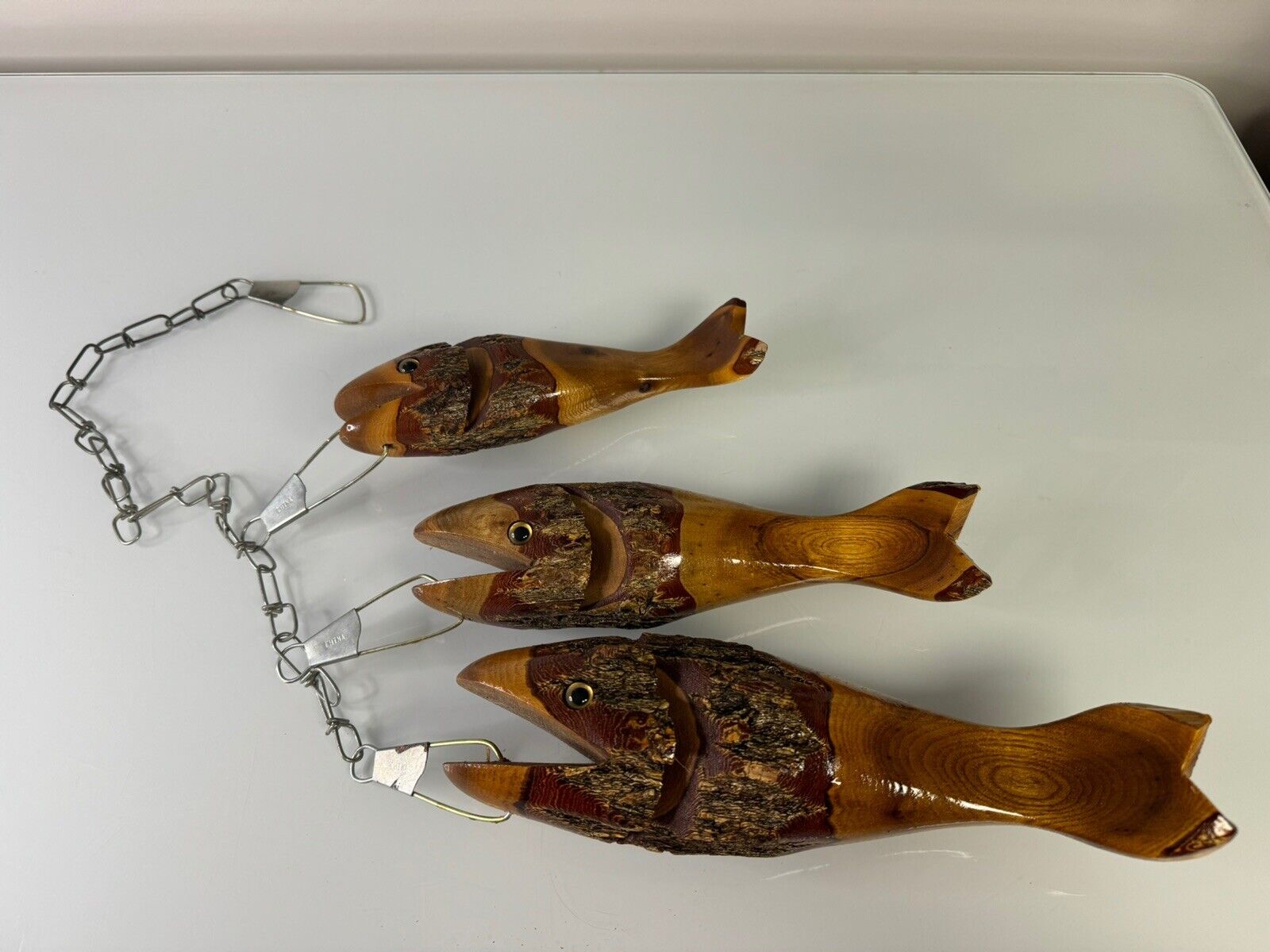 Vintage Rustic Stringer Of 3 Wood Carved Fish Glass Eyes Cabin Lake Decor