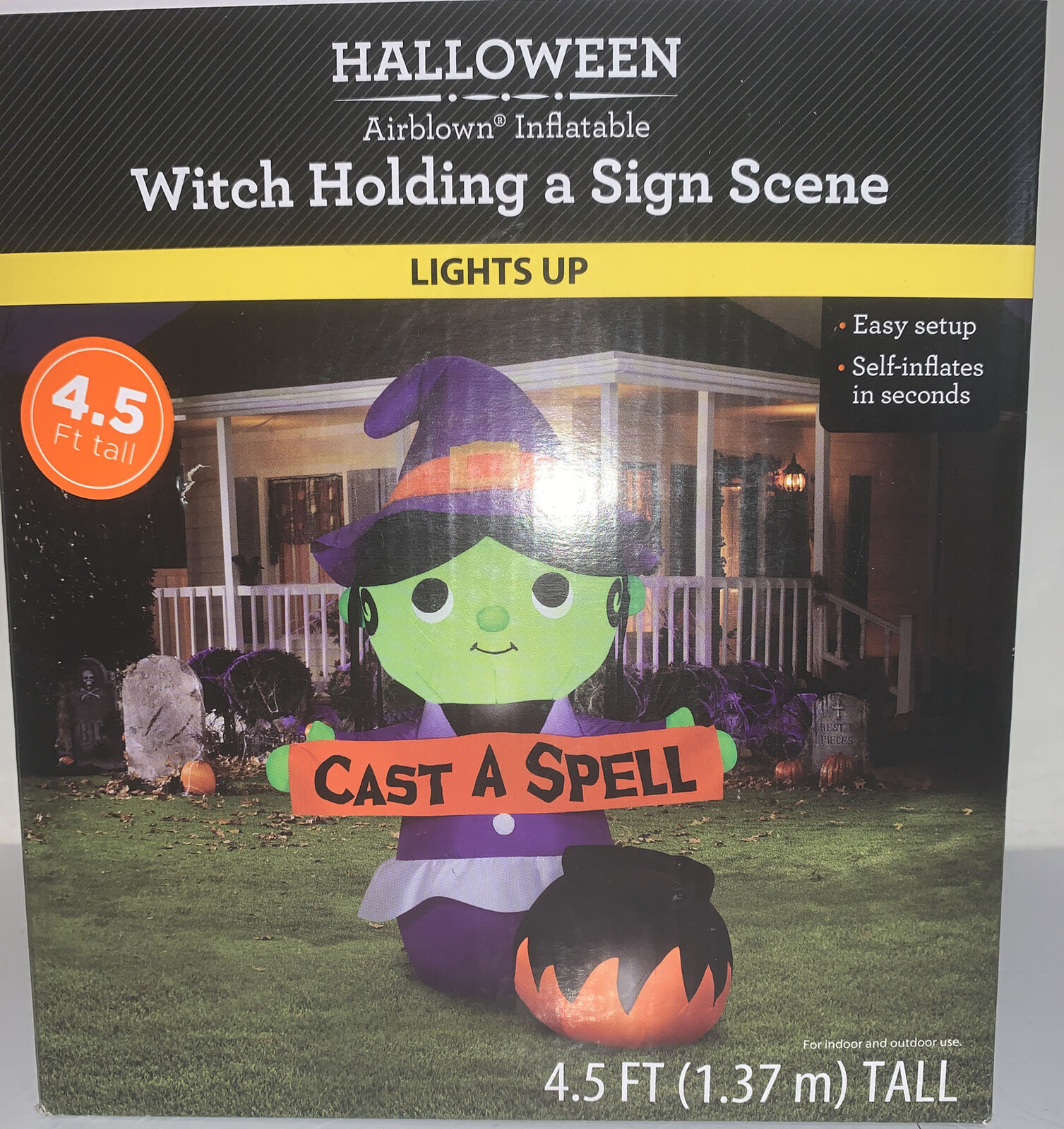 New Witch Holding A Sign Scene 4.5 Foot Tall Halloween Inflatable Cast A Spell