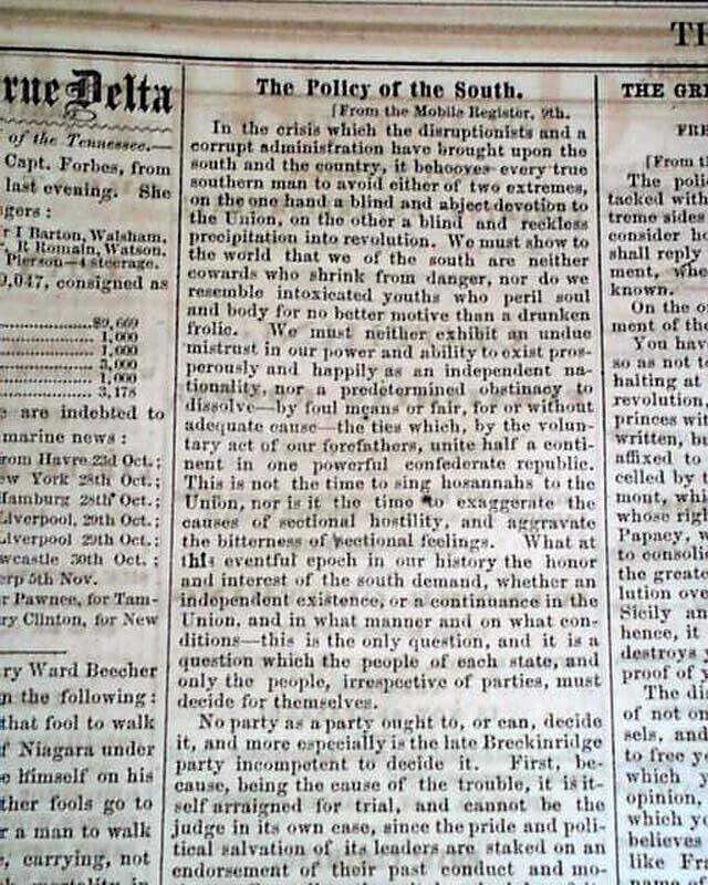Rare ANTEBELLUM New Orleans LA Louisiana Pre Civil War Deep South 1860 Newspaper