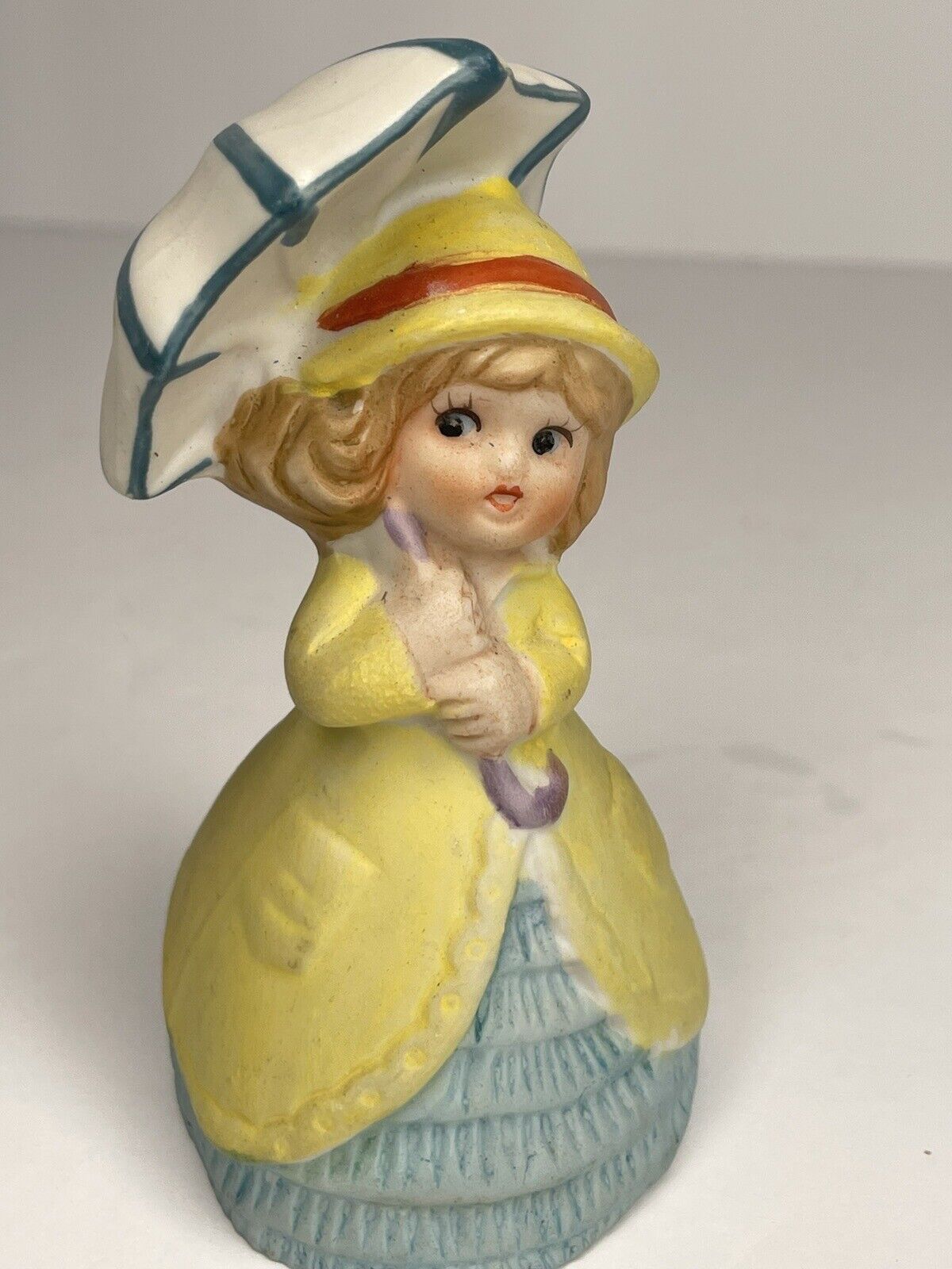 Vintage Merri Bells Girl With Umbrella Bisque Porcelain Hand Bell