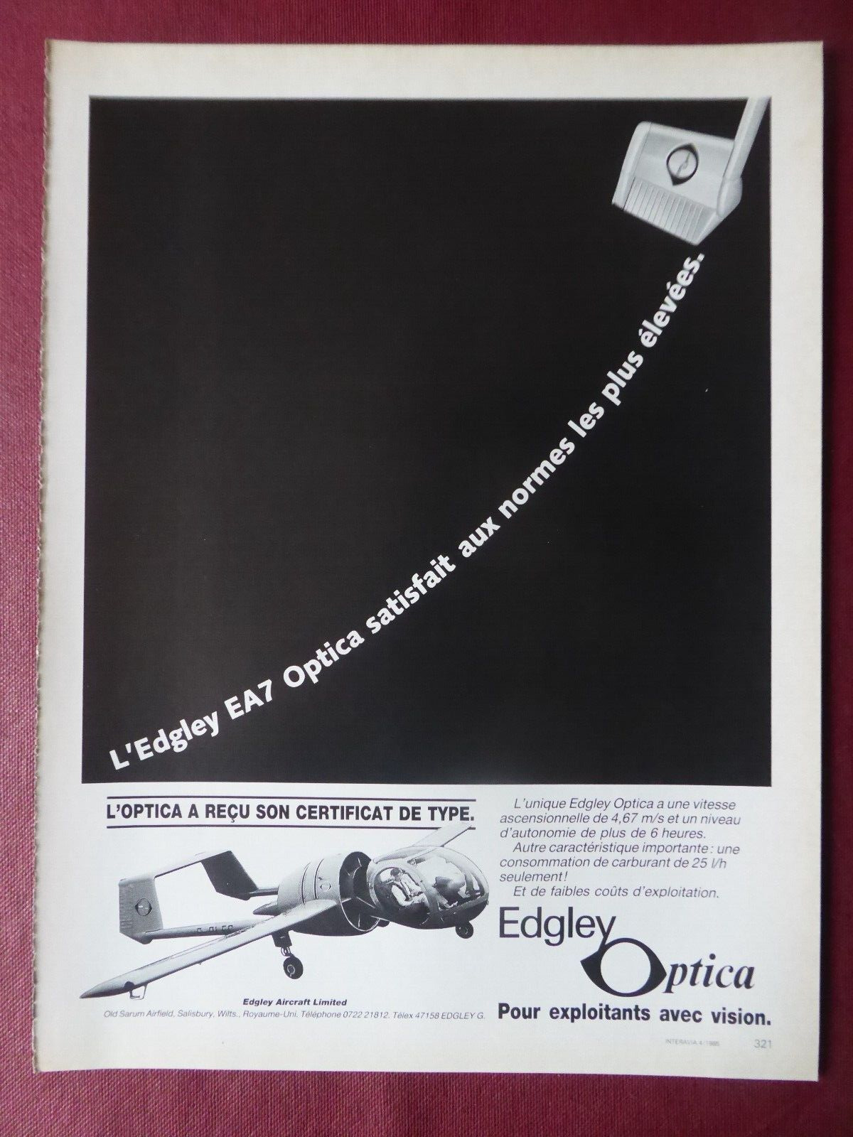 4/1985 PUB EDGLEY AIRCRAFT SALISBURY OPTICA AIRCRAFT ORIGINAL FRENCH AD