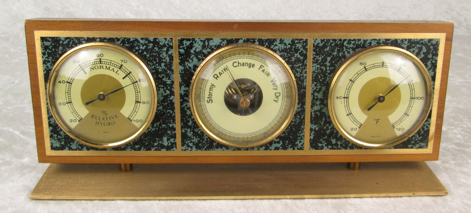 Mid Century Modern West Germany Barometer Thermometer Wood Brass Marble Desk Top