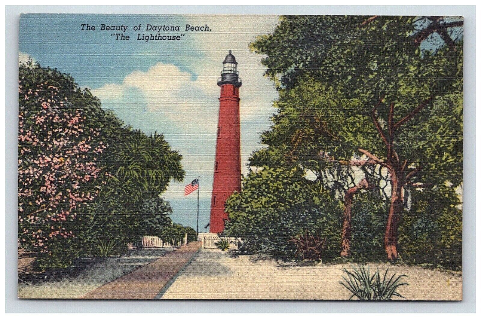 Postcard FL Lighthouse Red Brick Flag Scenic Street View Daytona Beach Florida 