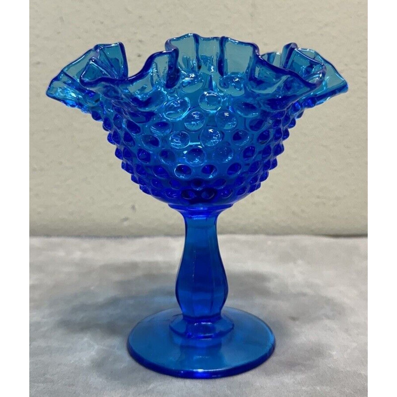 Vintage Fenton Glass Hobnail Compote Blue Ruffled Rim