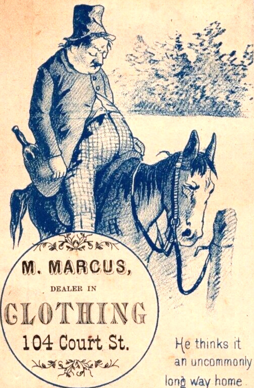 M Marcus Dealer of Clothing Fat Drunk Bum on Horse   Victorian Trade Card