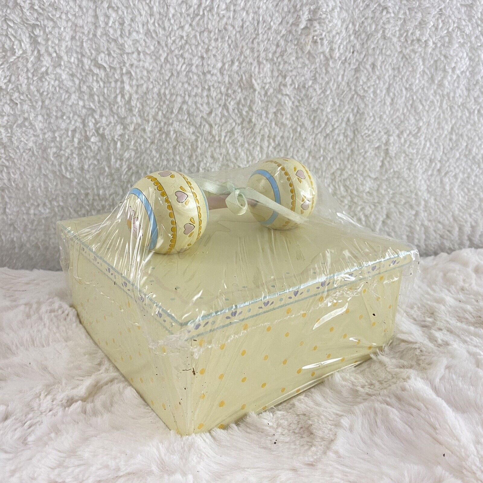 Vtg Wooden yellow Polka Dots Baby Box With Artificial Wooden Rattle Handle